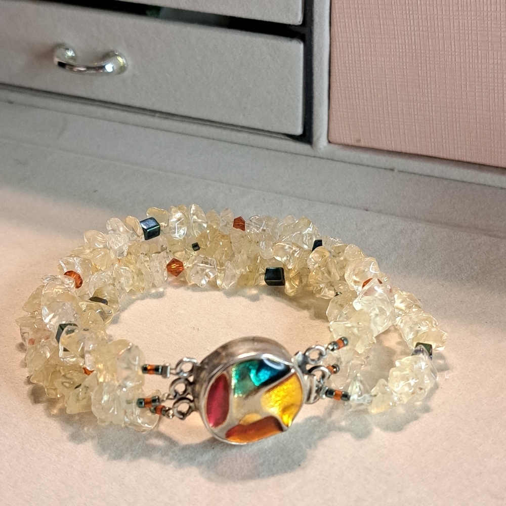 Beaded Triple Strand Crystal Bracelet with Sterling Silver Ornate Clasp 7"L